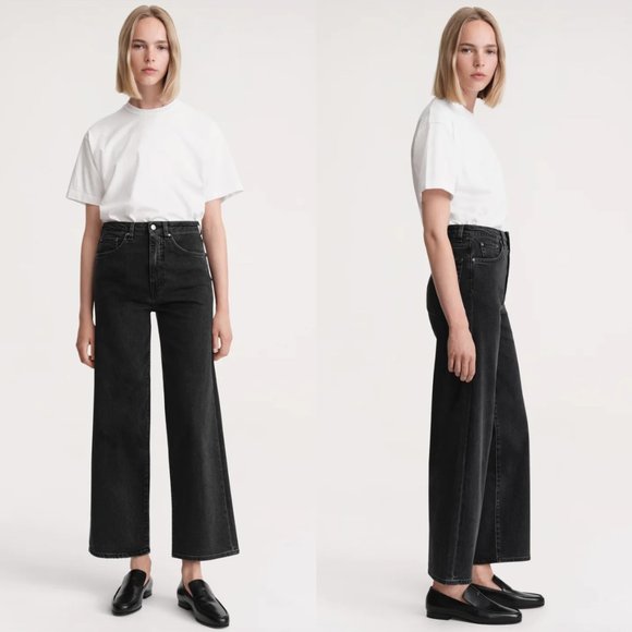 Toteme Denim - Toteme Flair Fit Denim Jeans Wide Leg Cropped High Rise Dark Grey Wash, Sz 25